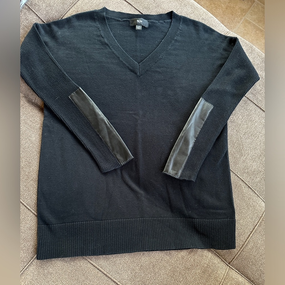 Black Long Sleeve Sweater with Faux Leather Trim Sleeves Size L